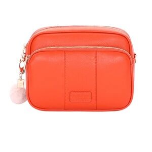 Sleek Orange Crossbody Bag with Pom-Pom Accent